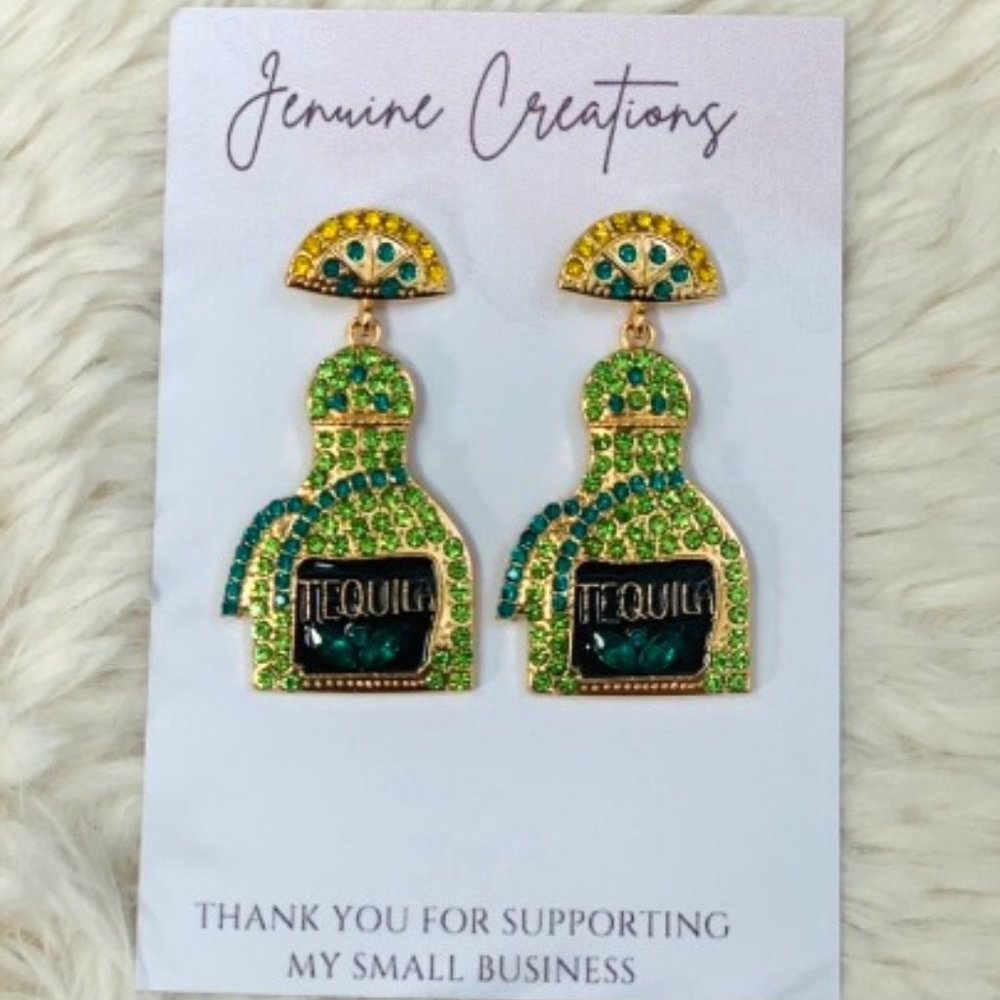 Green Tequilla Bottle Earrings, NYE Earrings, Party Earrings, Rhinestone